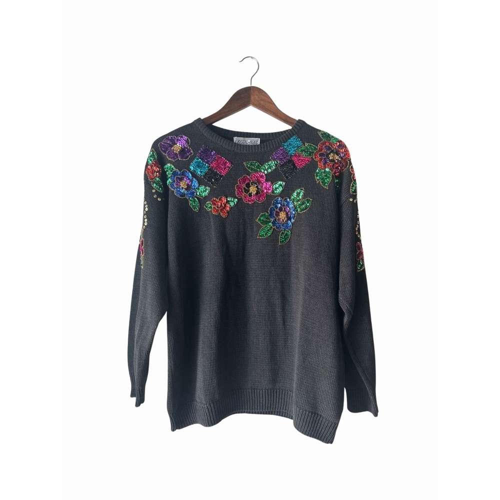Vintage Crystal-Kobe 80s Floral Sequin Beaded Black Sweater Large Whimsygoth